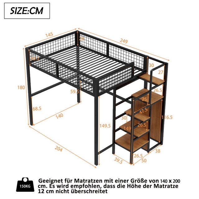 Flieks Hochbett Kinderbett 140x200cm mit Leiter, Aufbewahrungsregal und Kle günstig online kaufen