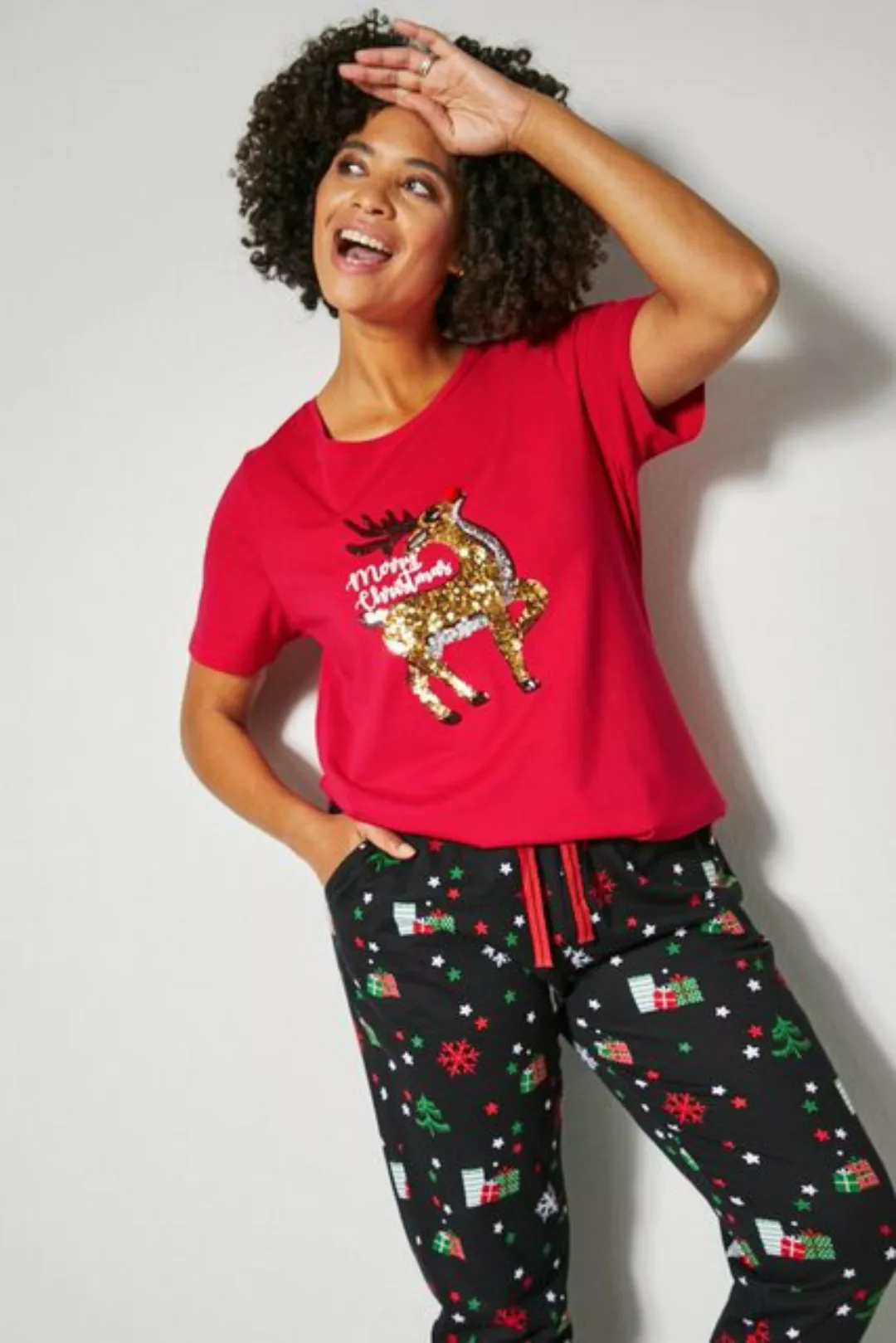 Janet & Joyce Rundhalsshirt T-Shirt Classic Fit X-Mas Glitzer-Rentier Rundh günstig online kaufen