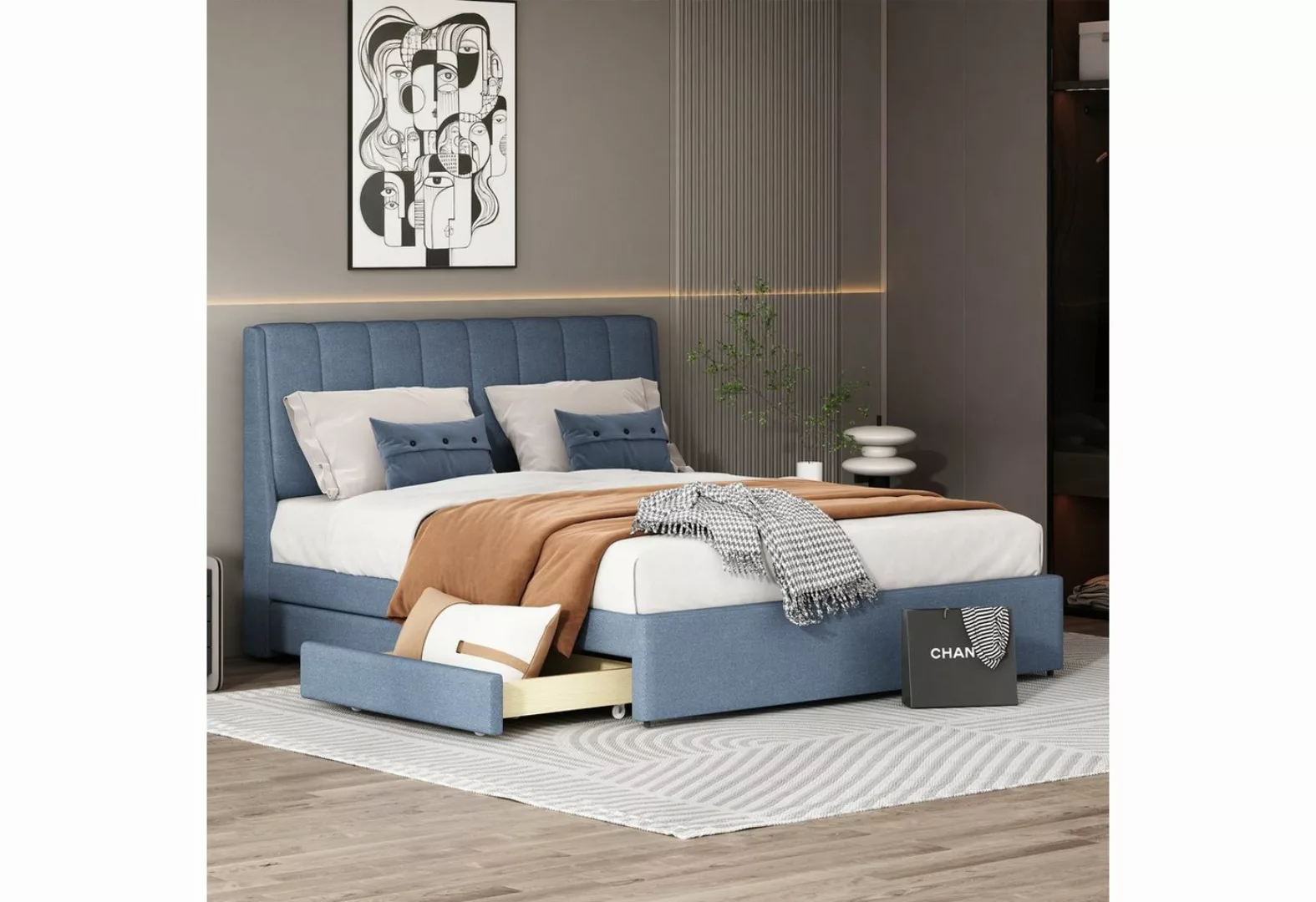 Fangqi Polsterbett Klassisches Doppelbett, 140x200, 4 ausziehbare Schublade günstig online kaufen