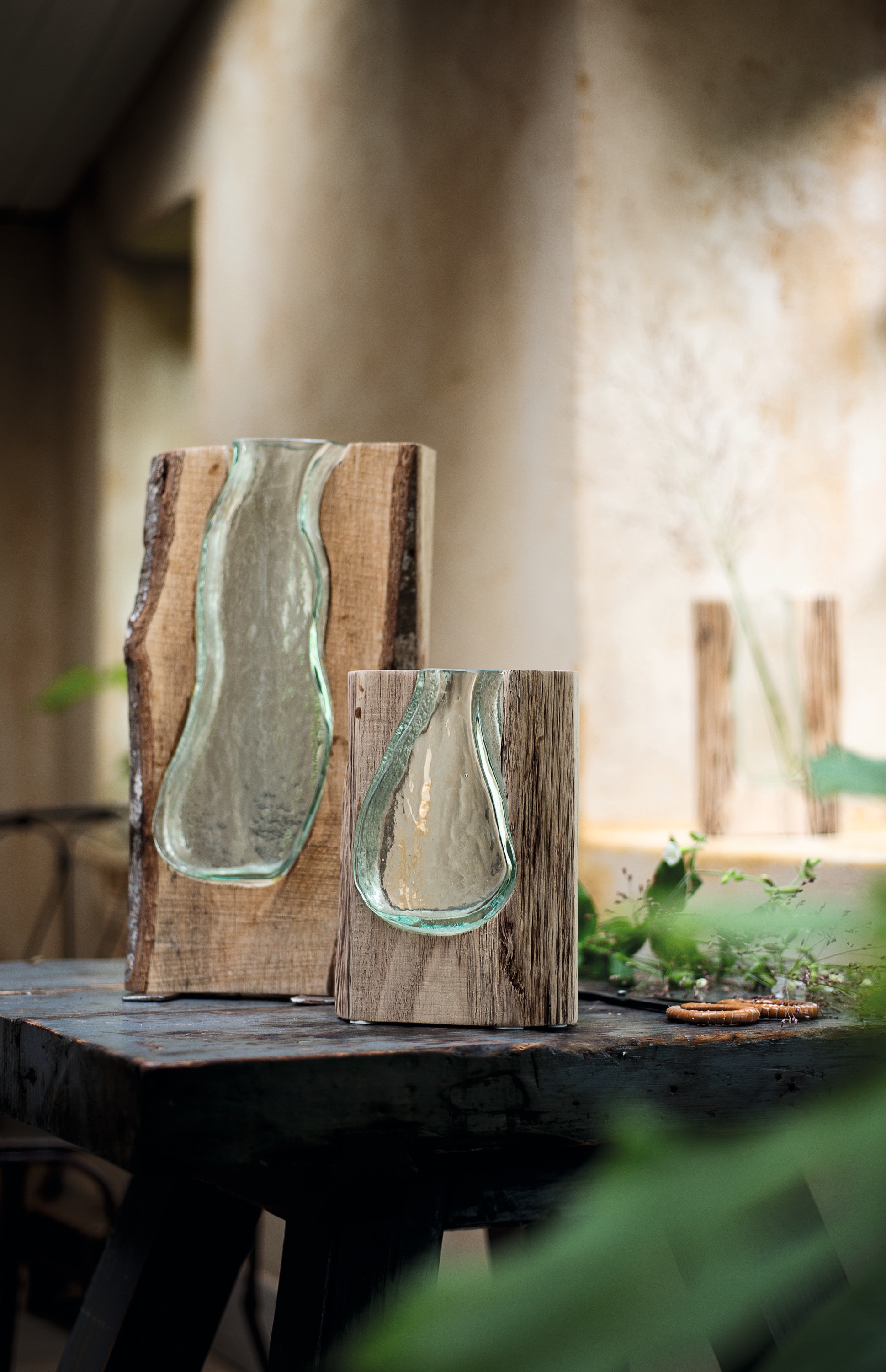 LEONARDO Dekovase »Tischvase CASOLARE«, (1 St.), aus Glas und Holz, handgef günstig online kaufen