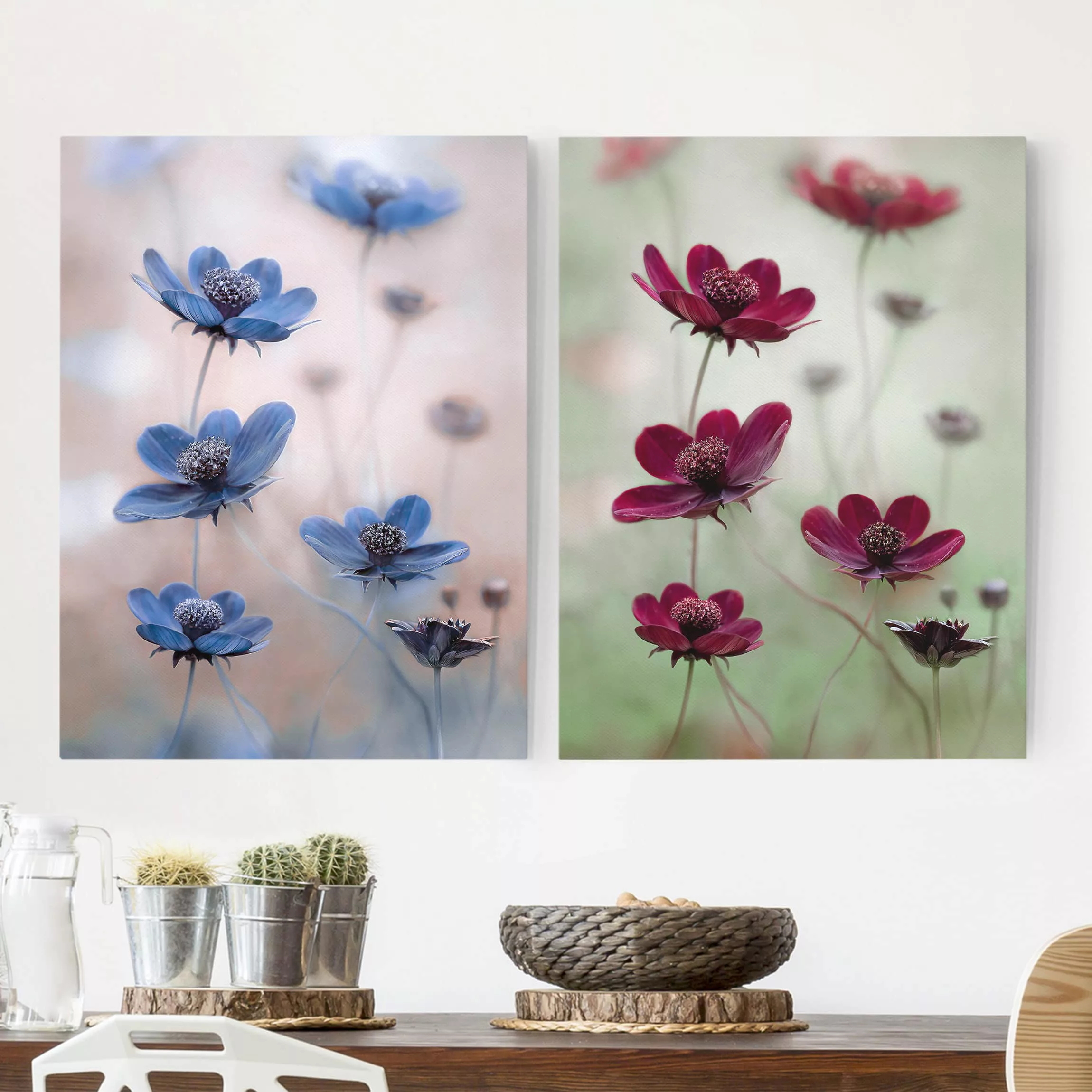 2-teiliges Leinwandbild Blumen - Hochformat Kosmeen Mix günstig online kaufen
