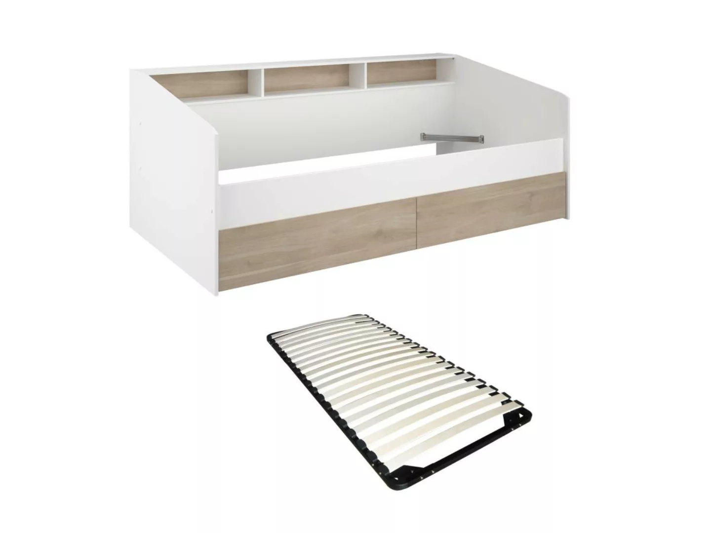 Bett mit Stauraum - 90 x 200 cm - Weiß & Holzfarben + Lattenrost - PAULETTE günstig online kaufen