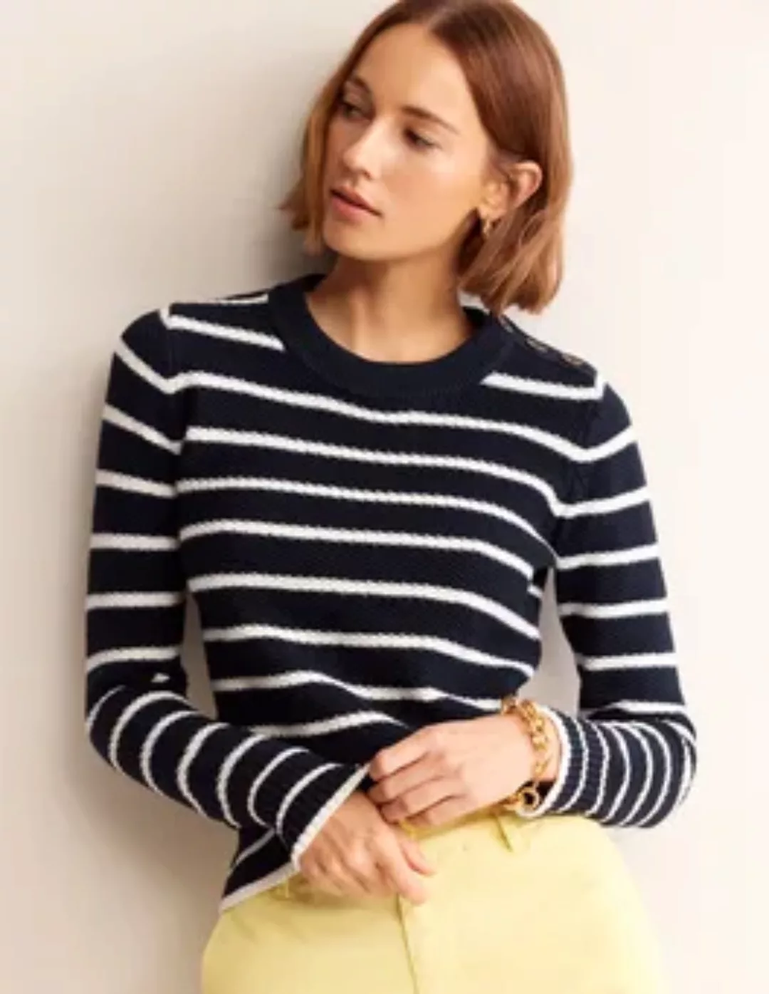Pullover mit Knopfdetails und Ziernaht Damen Boden, Marineblau/Warmes Natur günstig online kaufen