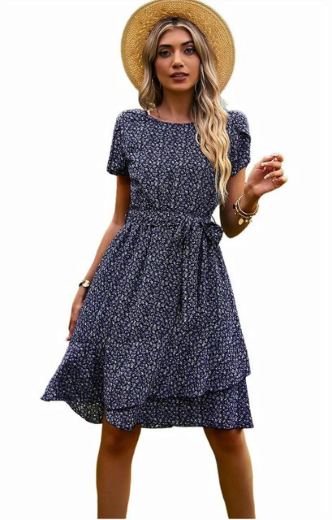 ZWY A-Linien-Kleid Blumenkleid für Damen, Kurzarmkleid mit Rundhalsausschni günstig online kaufen