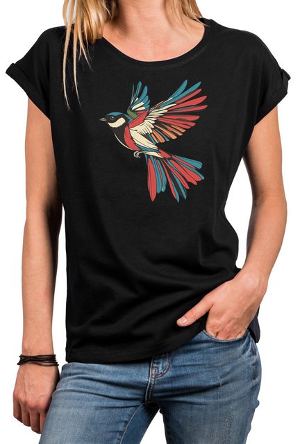 MAKAYA Kurzarmshirt für Frauen mit Vogel Print Vogelmotiv Maise Bunt Kolibr günstig online kaufen