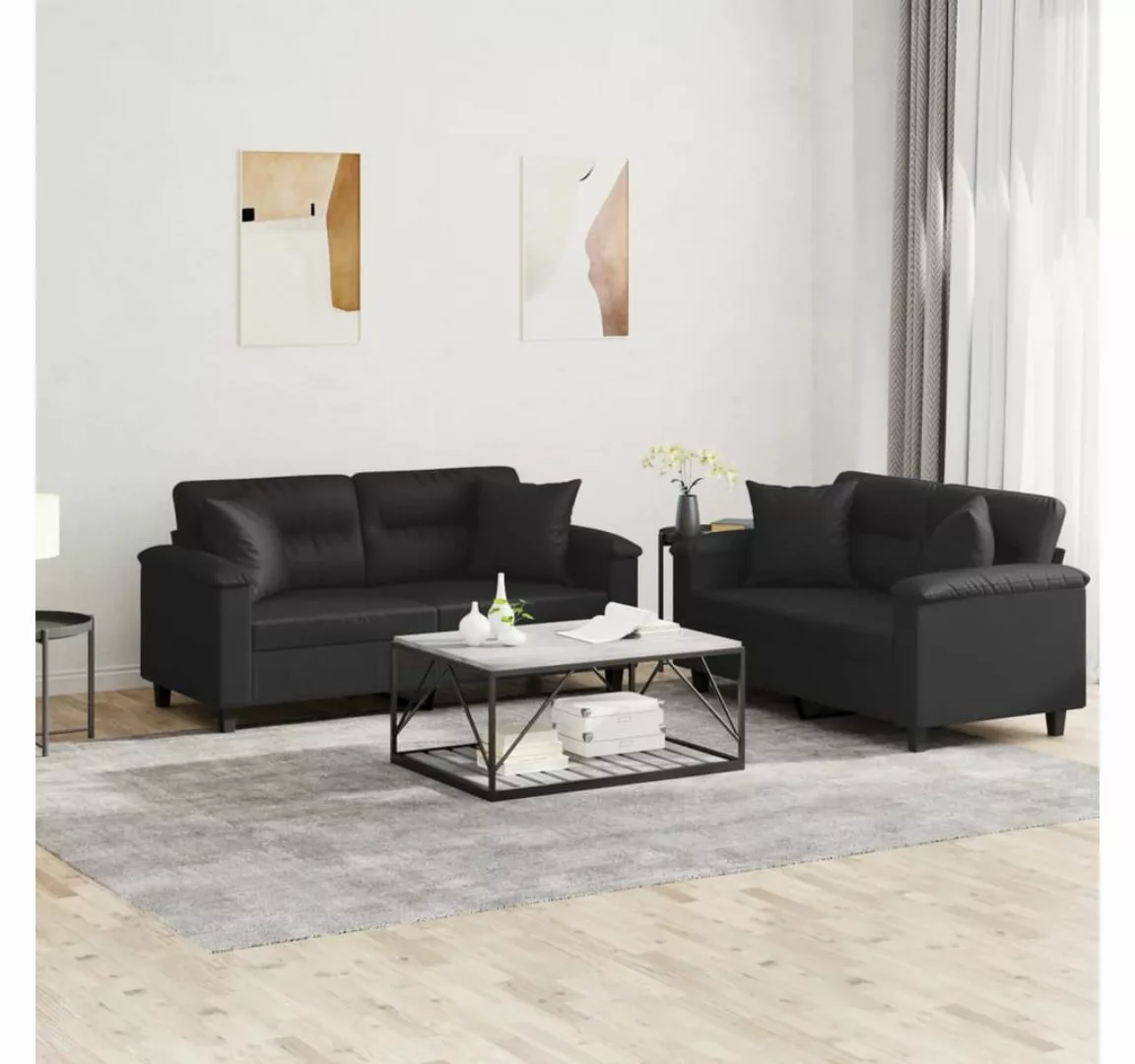 vidaXL Sofa Sofagarnitur Set mit Kissen Kunstleder, 2-tlg., Schwarz günstig online kaufen