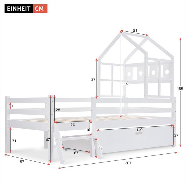 XDeer Jugendbett Hausbett Kinderbett mit Leiter und Schubladen, inkl. Latte günstig online kaufen