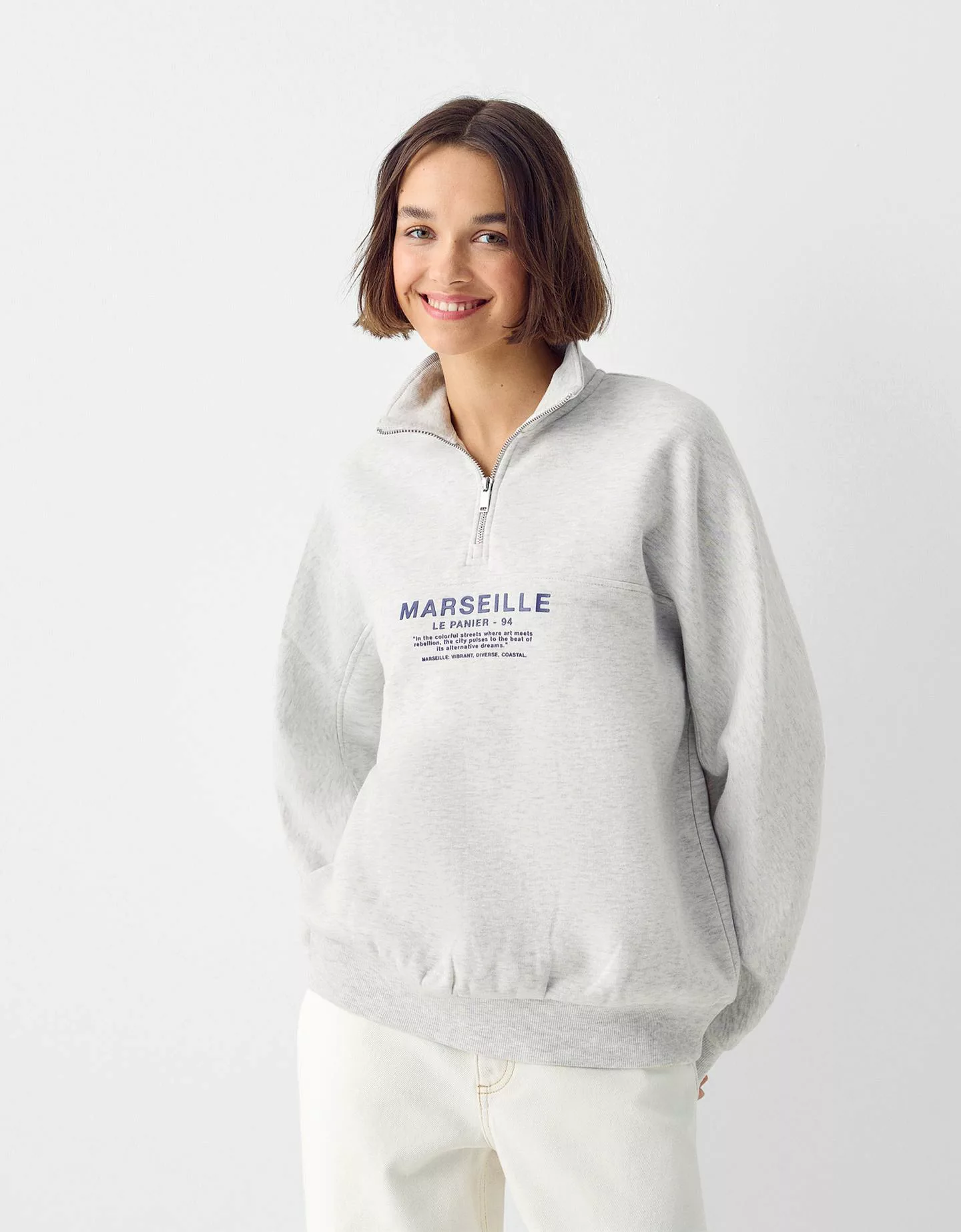 Bershka Bedruckte Sweatshirtjacke Damen S Grau günstig online kaufen