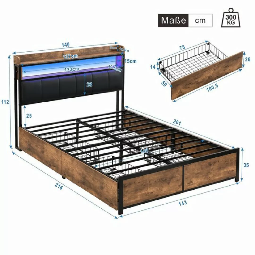 HAUSS SPLOE Polsterbett 140x200 mit LED-Bett, Kopfteil 4 Schubladen PU, mit günstig online kaufen