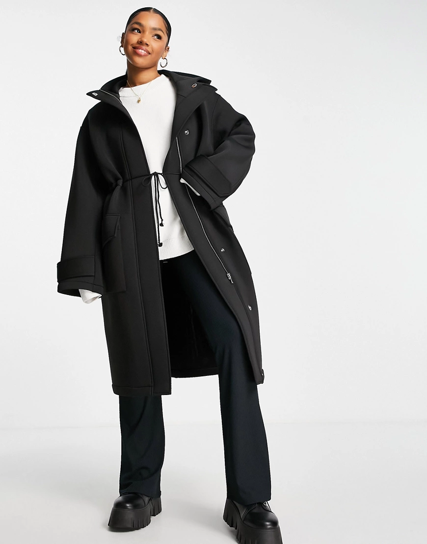 ASOS DESIGN – Langer Oversize-Parka im Neopren-Design in Schwarz günstig online kaufen