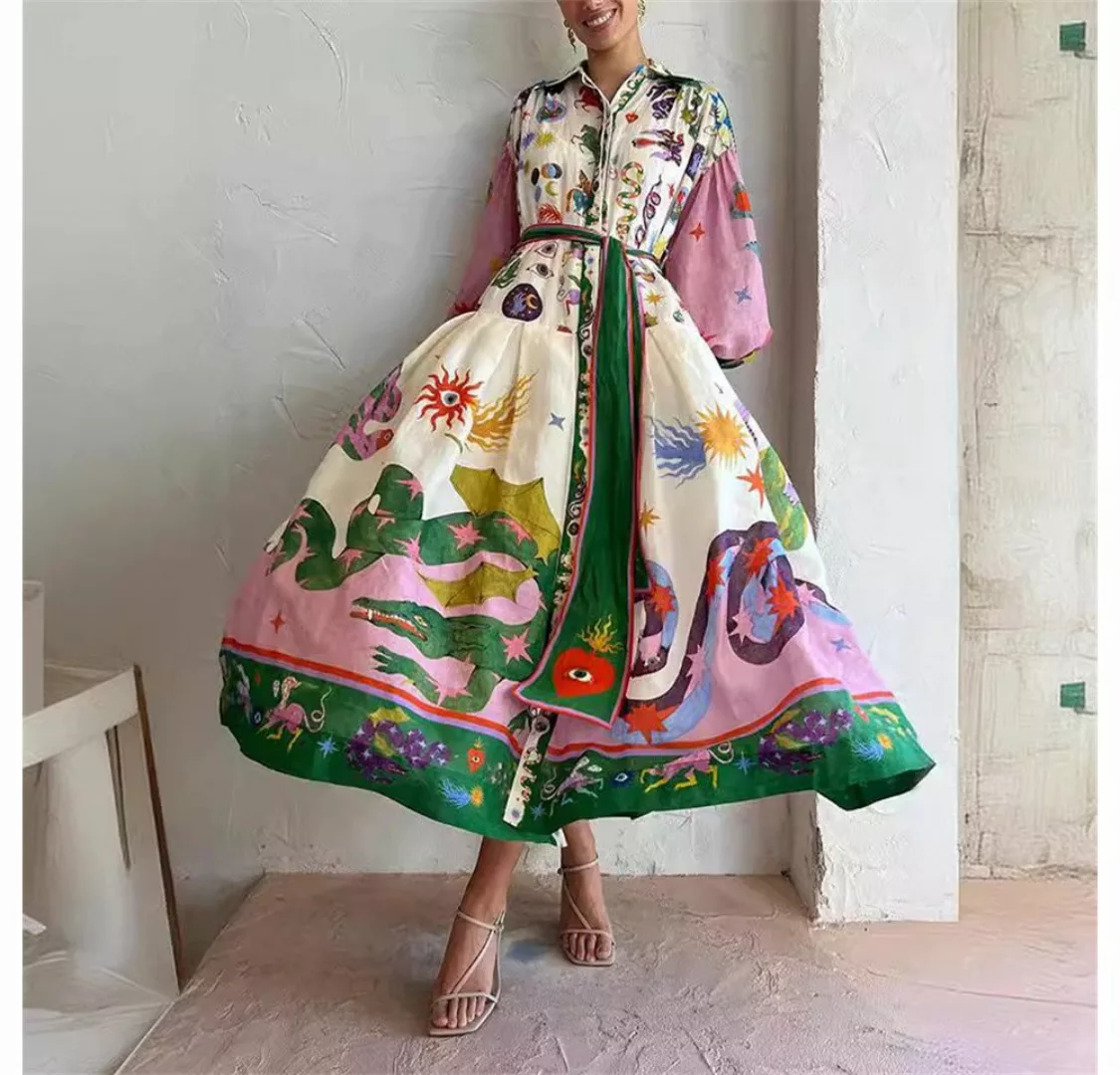 RUZU UG Dirndl Lockeres, langärmliges, plissiertes Kleid im Retro-Palast-St günstig online kaufen