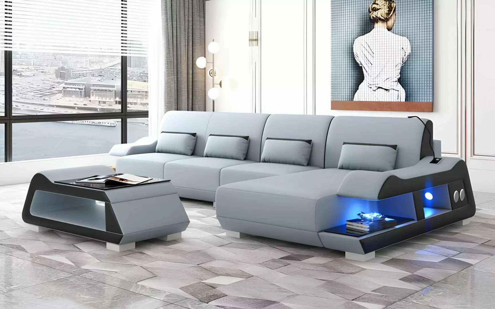 Xlmoebel Ecksofa Luxuriöse moderne Eckcouch in L-Form aus blauem Leder - Ec günstig online kaufen