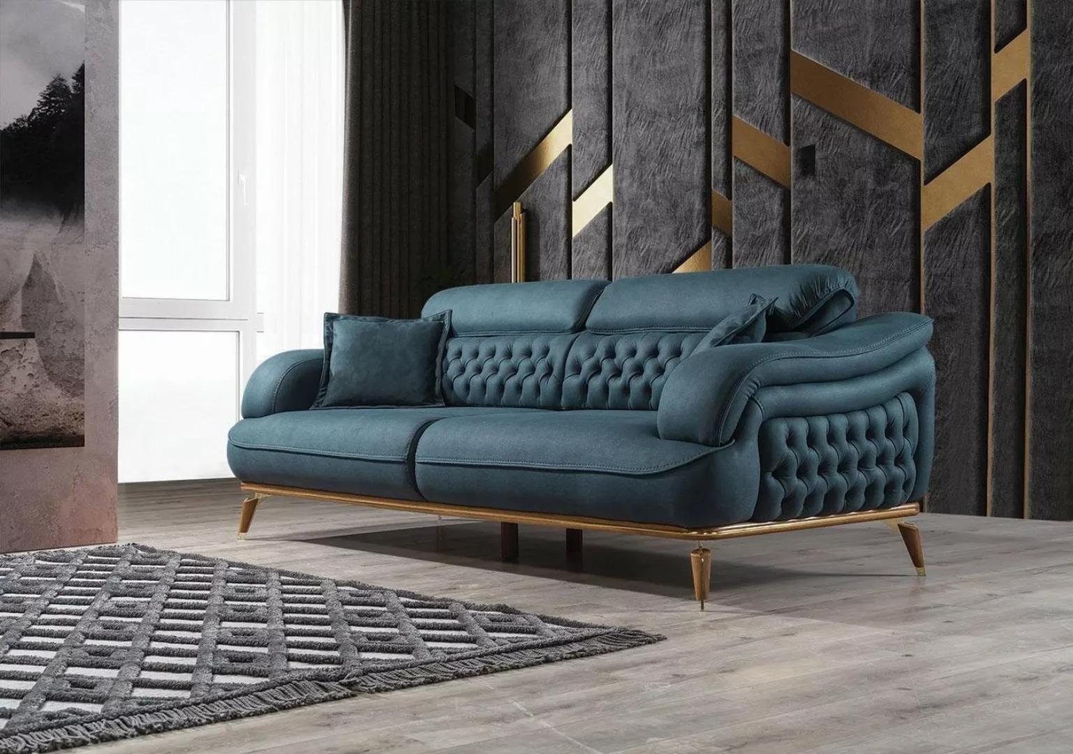 JVmoebel Sofa Wohnzimmer Sofa 3 Sitzer Couch Möbel Holz Blau Polster Möbel günstig online kaufen