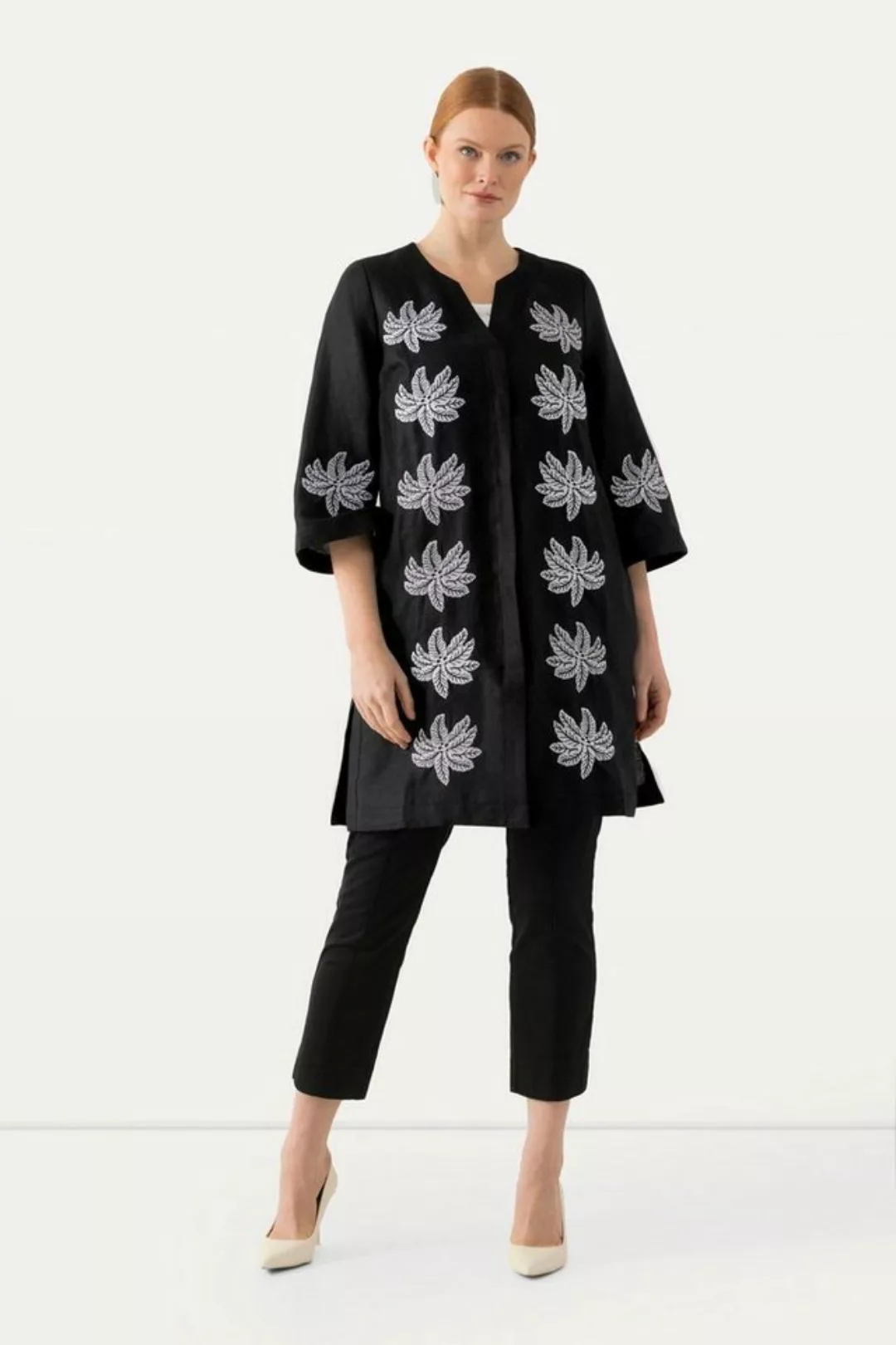 Ulla Popken Longbluse Leinenbluse Stickerei Tunika-Ausschnitt 3/4-Arm günstig online kaufen