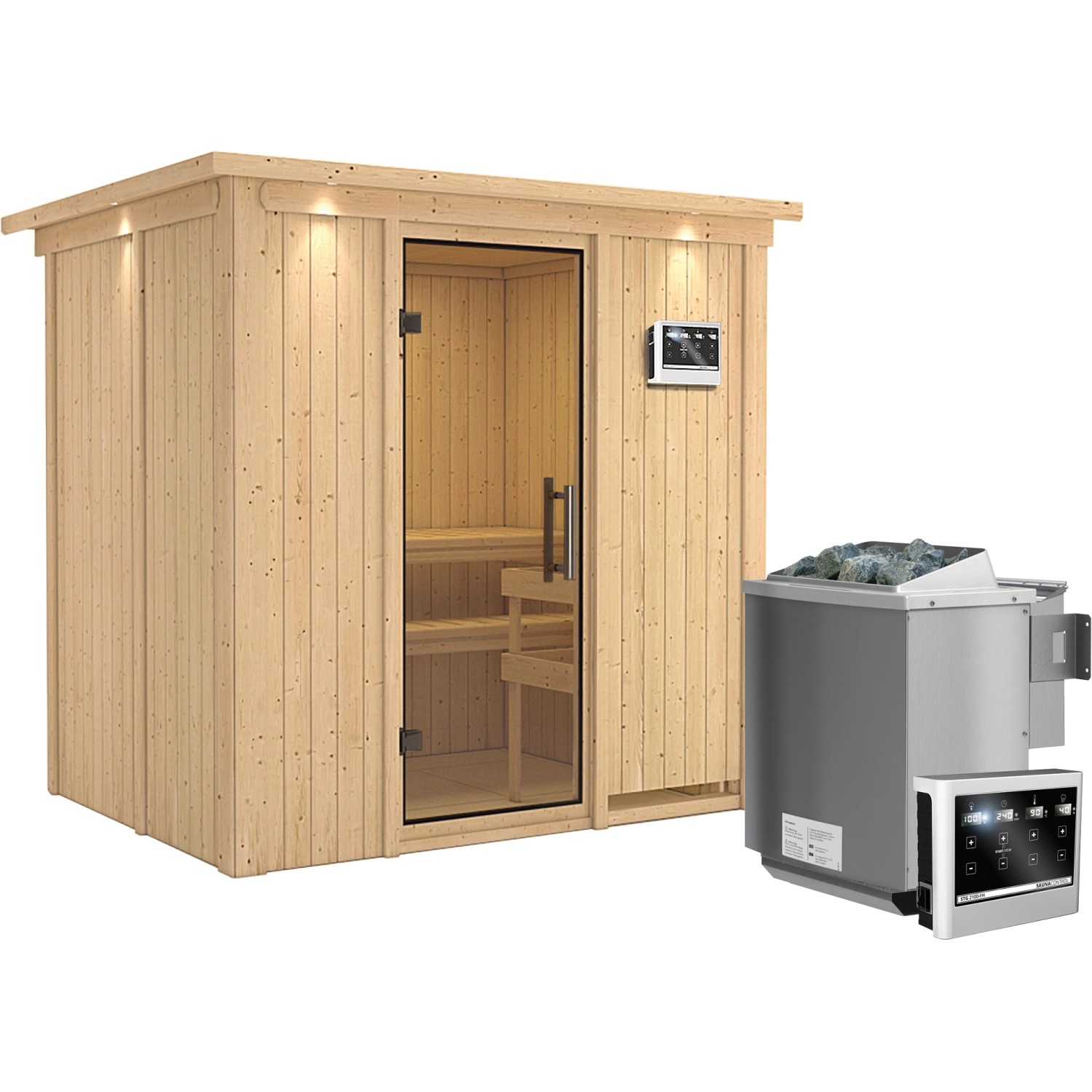 Karibu Sauna Bjarne, Bio-Ofen, externe Steuerung Easy, Glastür, LED-Dachkra günstig online kaufen