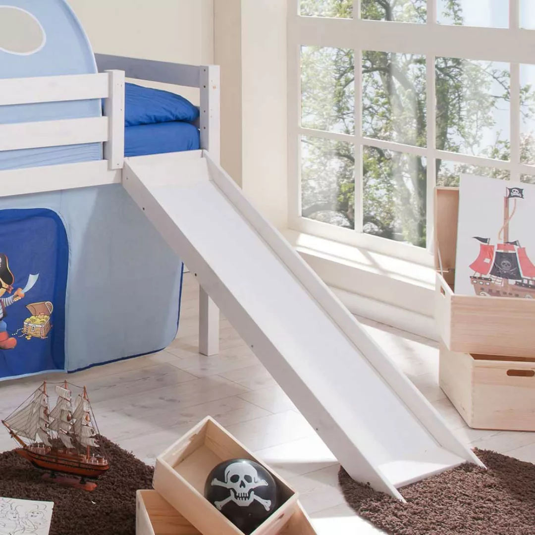 Kinderhochbett aus Kiefer Massivholz Blau-Weiß günstig online kaufen