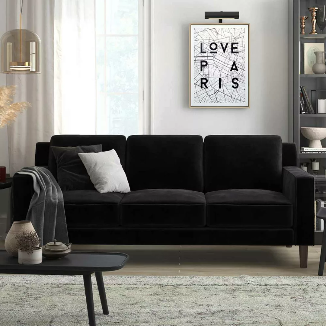 Sofa 3er Samt schwarz mit Armlehnen 195 cm breit - 80 cm tief günstig online kaufen