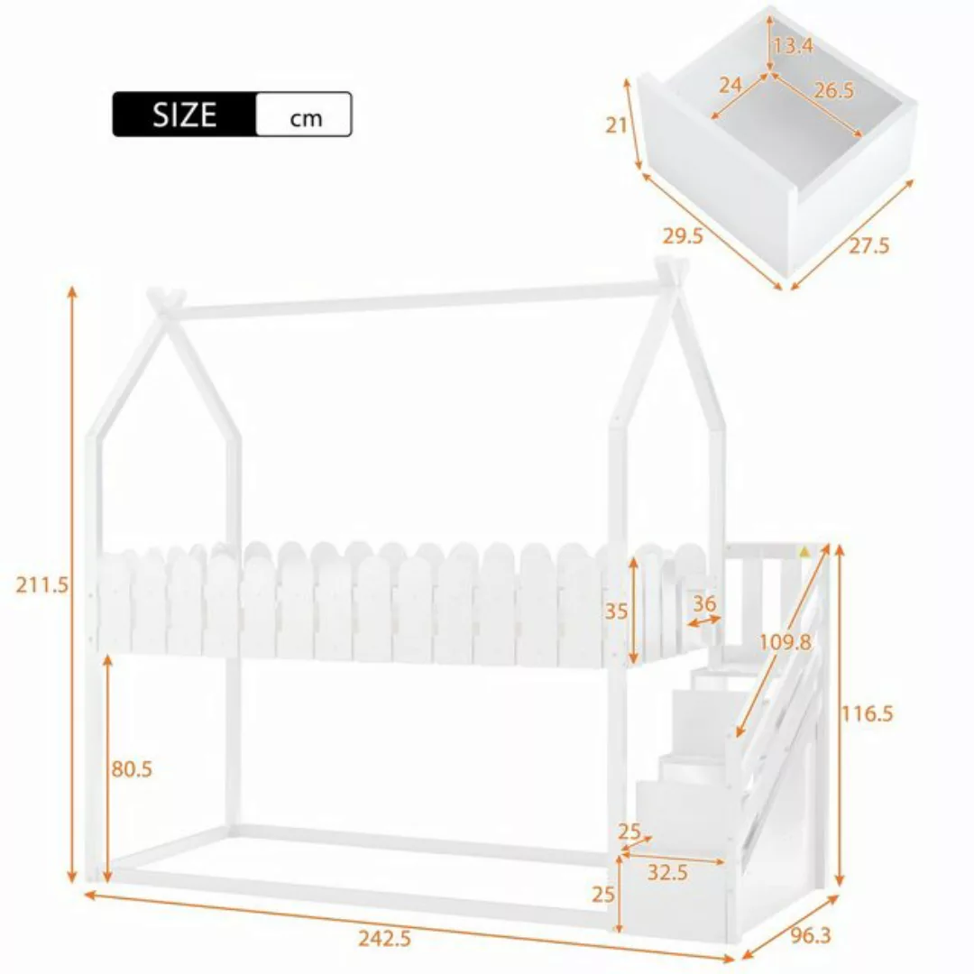 WISHDOR Kinderbett Jugendbett Doppelbett (ohne Matratze), mit 3 Treppe, mit günstig online kaufen