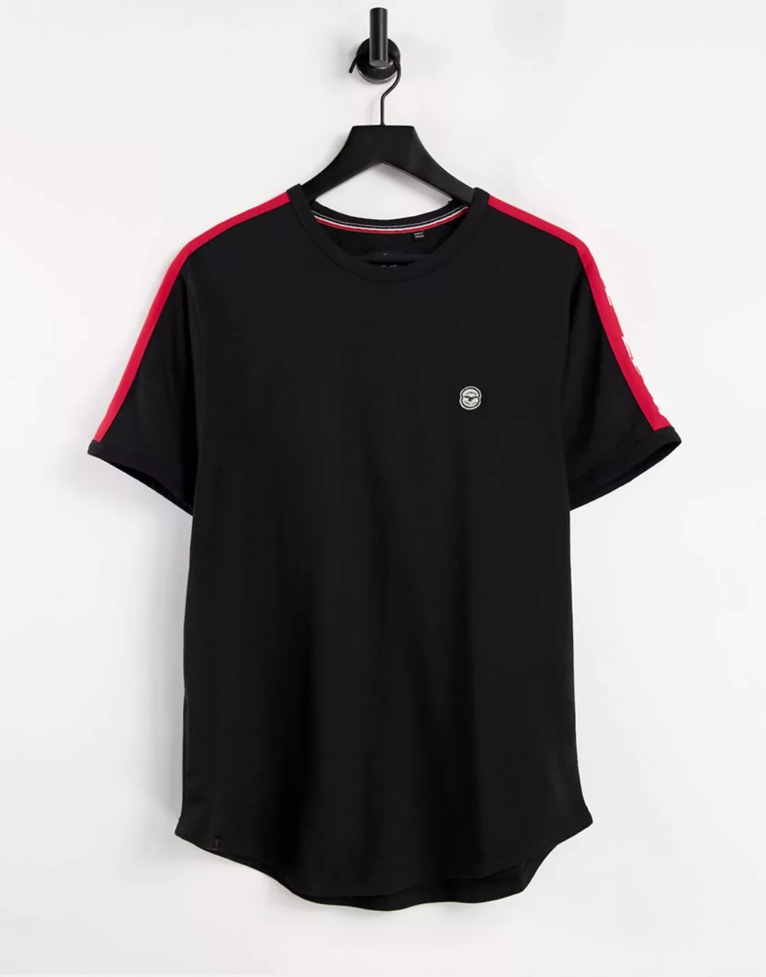 Le Breve – Lässiges T-Shirt in Schwarz mit rotem Logoband, Kombiteil günstig online kaufen