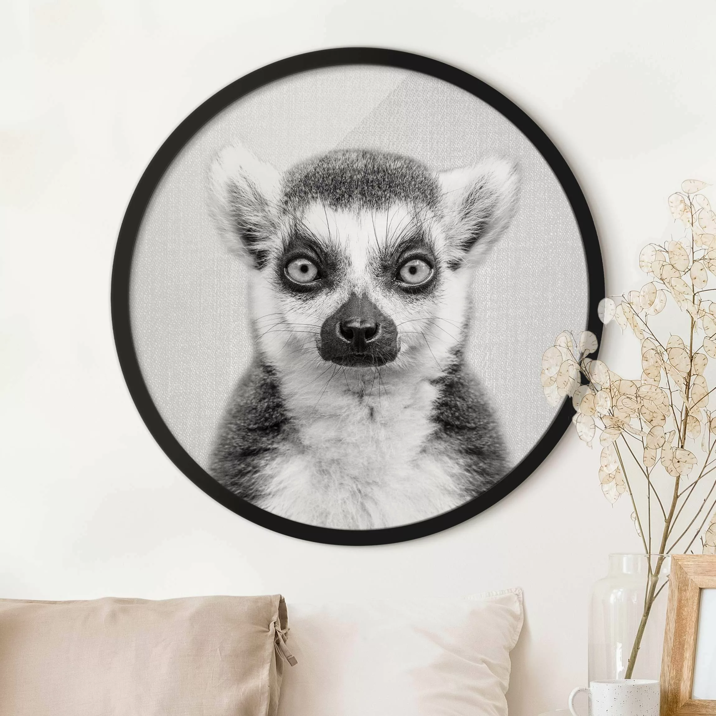 Rundes Gerahmtes Bild Lemur Ludwig Schwarz Weiß günstig online kaufen