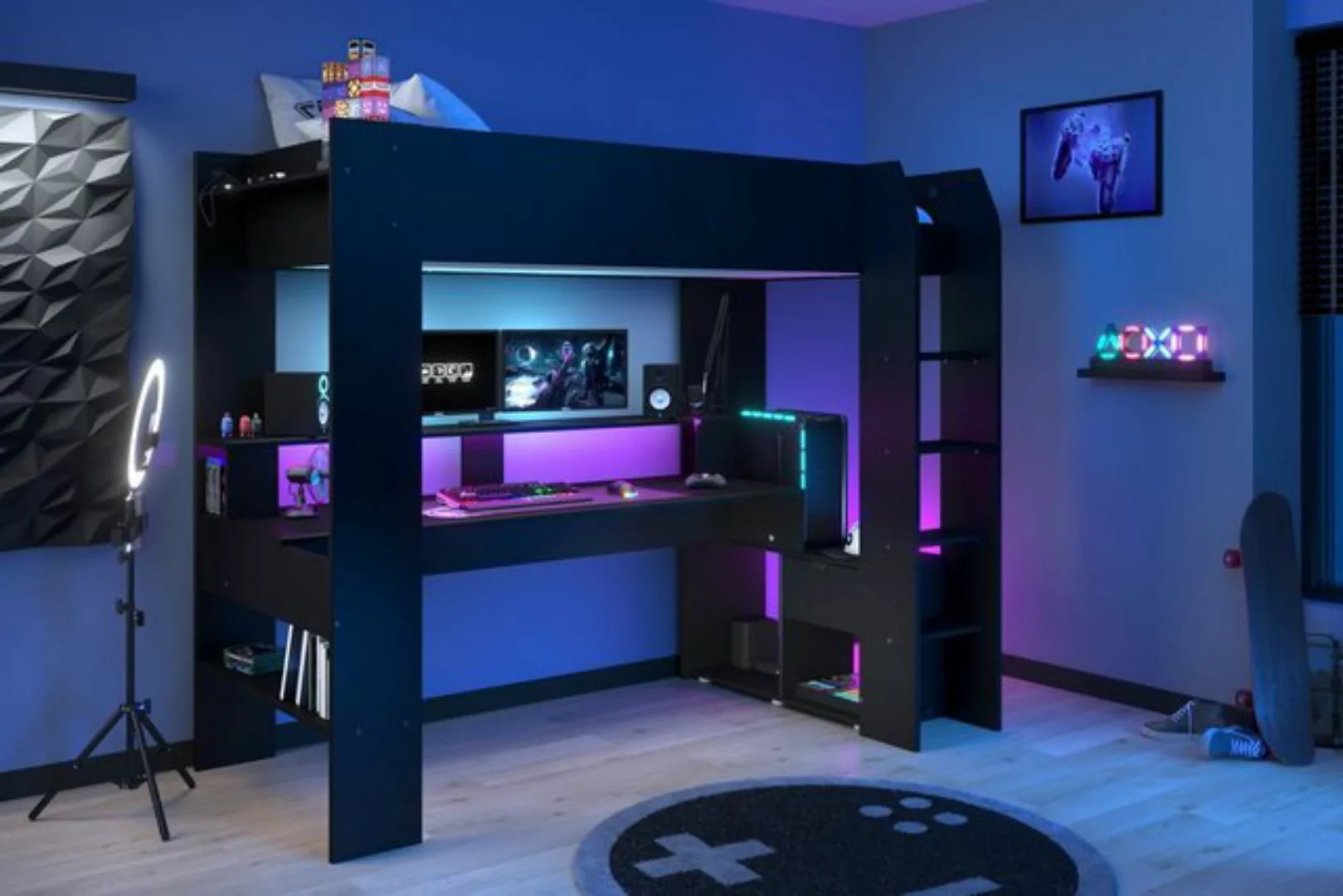 Parisot Hochbett "Gaming-Bett, mit Schreibtisch, USB Anschluss, LED, viel S günstig online kaufen