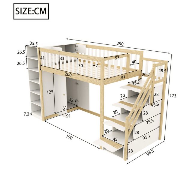 Flieks Hochbett Kinderbett 90x200cm mit Stauschrank Kleiderschrank und Stau günstig online kaufen