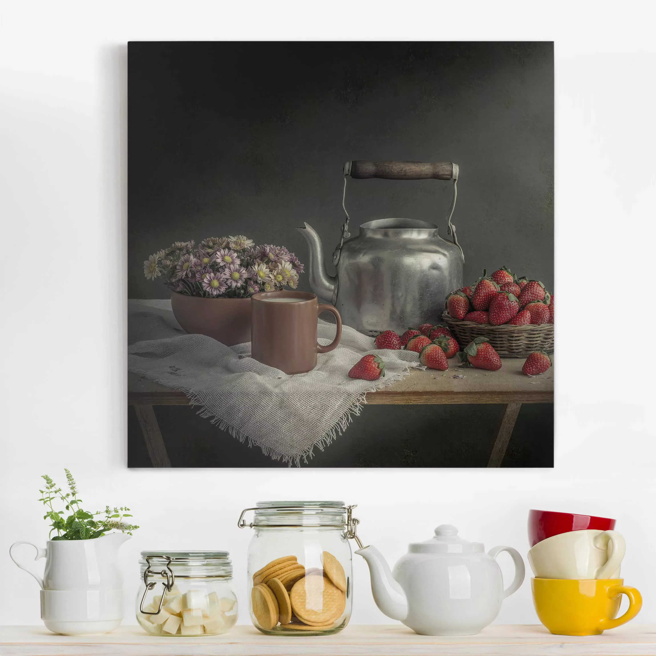Leinwandbild Küche - Quadrat Stillleben mit Erdbeeren günstig online kaufen