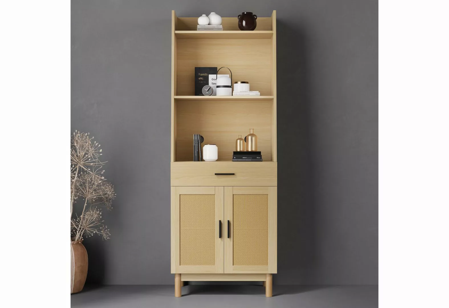 MODFU Vitrine Highboard mit Türen und Schubladen (2 Rattantüren, 1 Schublad günstig online kaufen