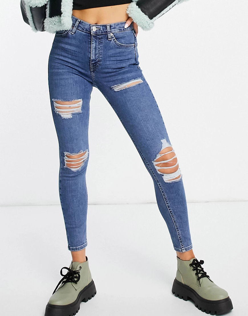 Topshop – Jamie – Jeans in Mittelblau mit starken Zierrissen günstig online kaufen