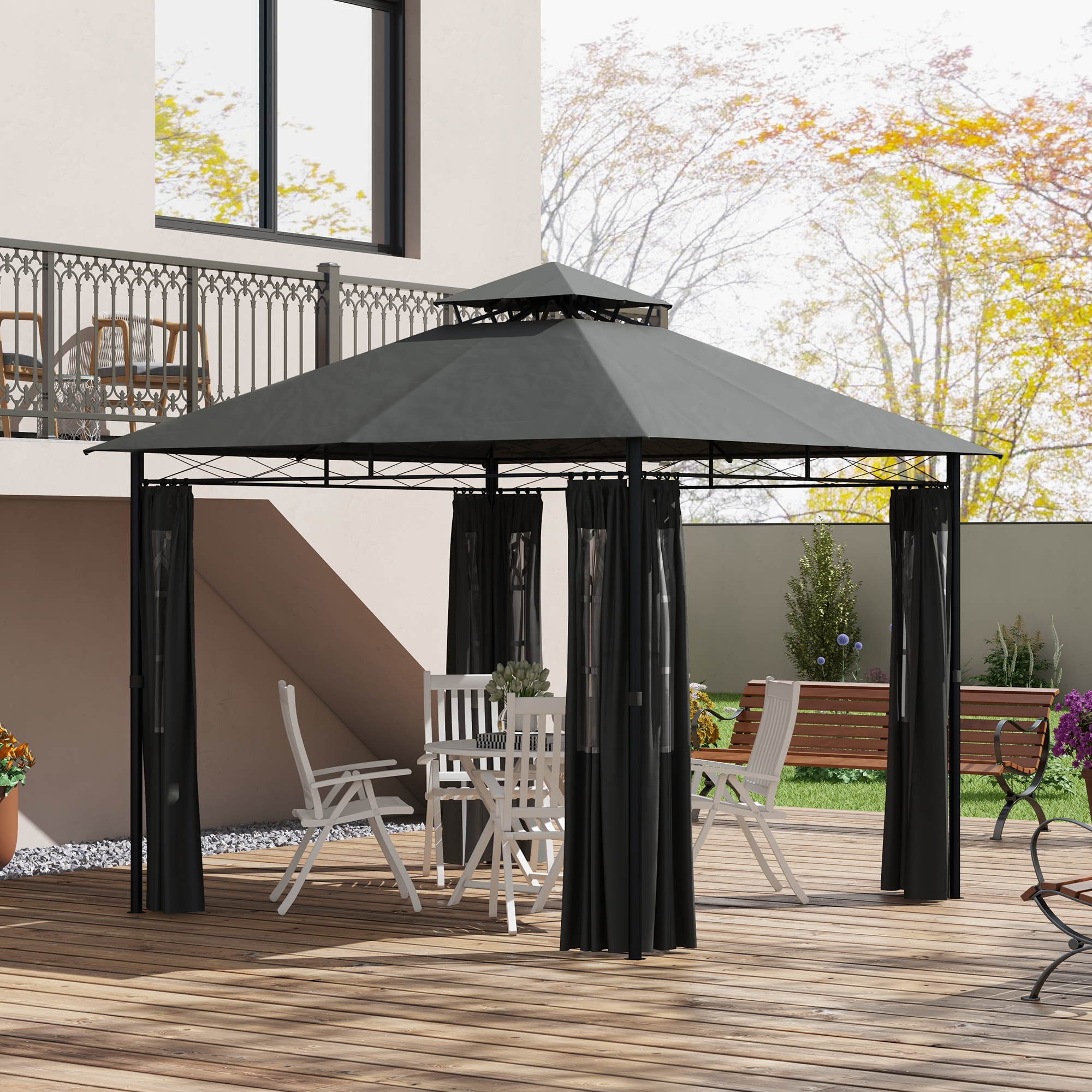 Outsunny Pavillon 3 x 3 m Gartenzelt mit Seitenwand und Doppeldach wetterfe günstig online kaufen