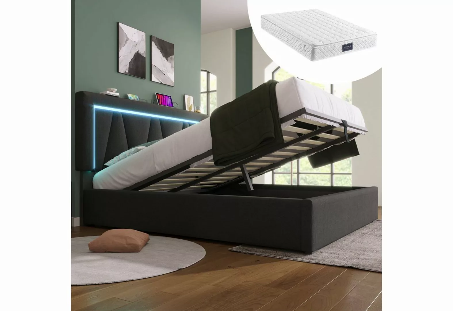 OKWISH Polsterbett LED Doppelbett mit USB Typ C Ladefunktion (140 x 200 cm günstig online kaufen