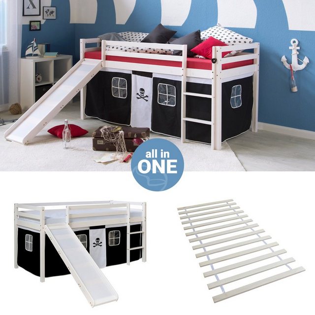 Homestyle4u Hochbett 90x200 cm Kinderbett Weiß mit Vorhang für 1 Kind Kiefe günstig online kaufen