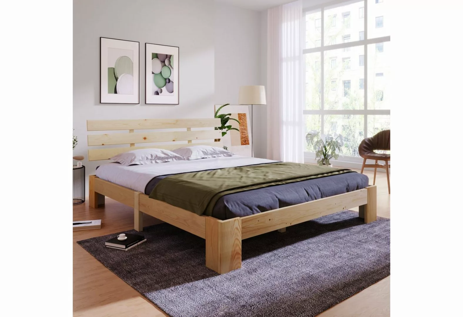 Sweiko Jugendbett, Massivholzbett Kiefer, Doppelbett mit Kopfteil, 200x140 günstig online kaufen