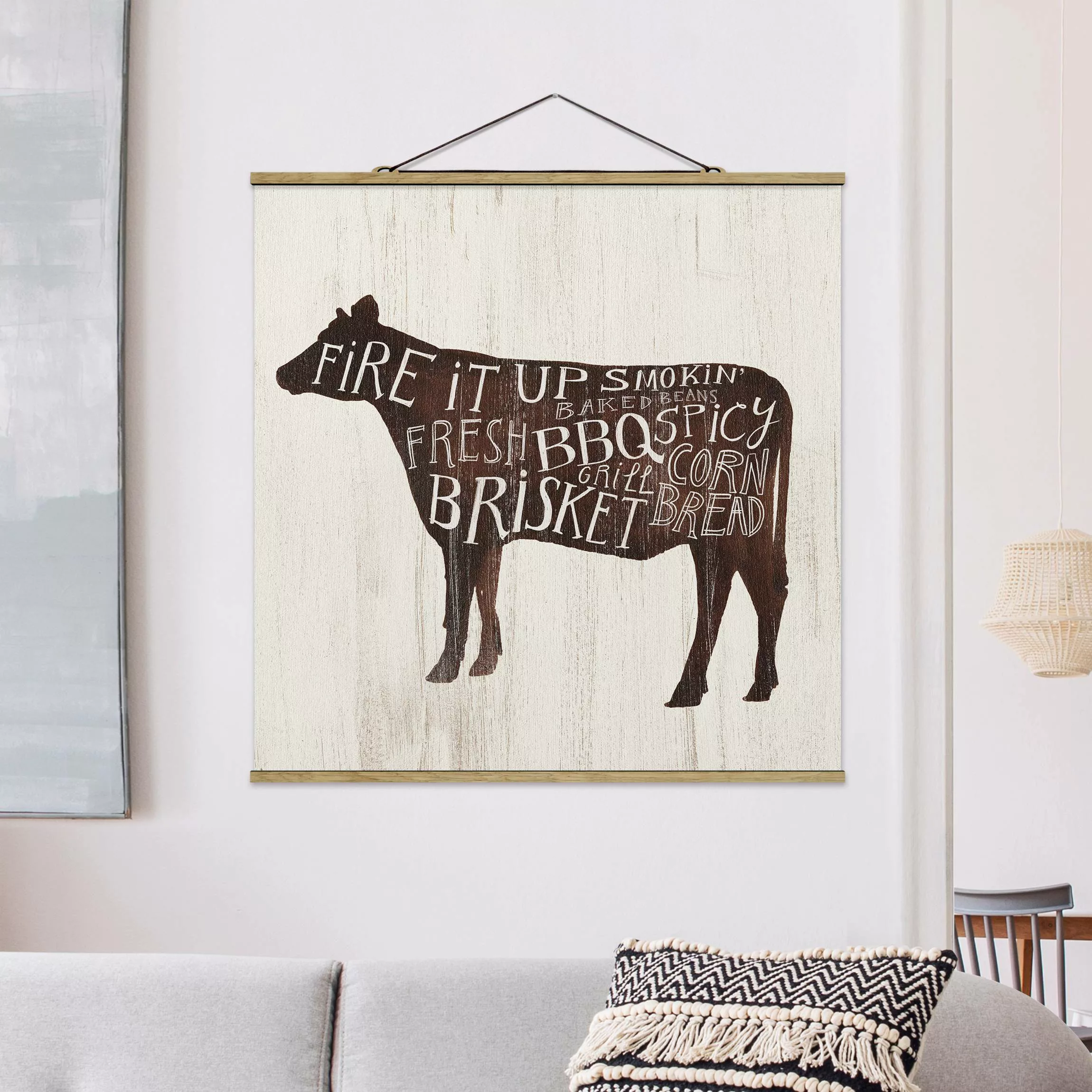 Stoffbild Tiere mit Posterleisten - Quadrat Bauernhof BBQ - Kuh günstig online kaufen