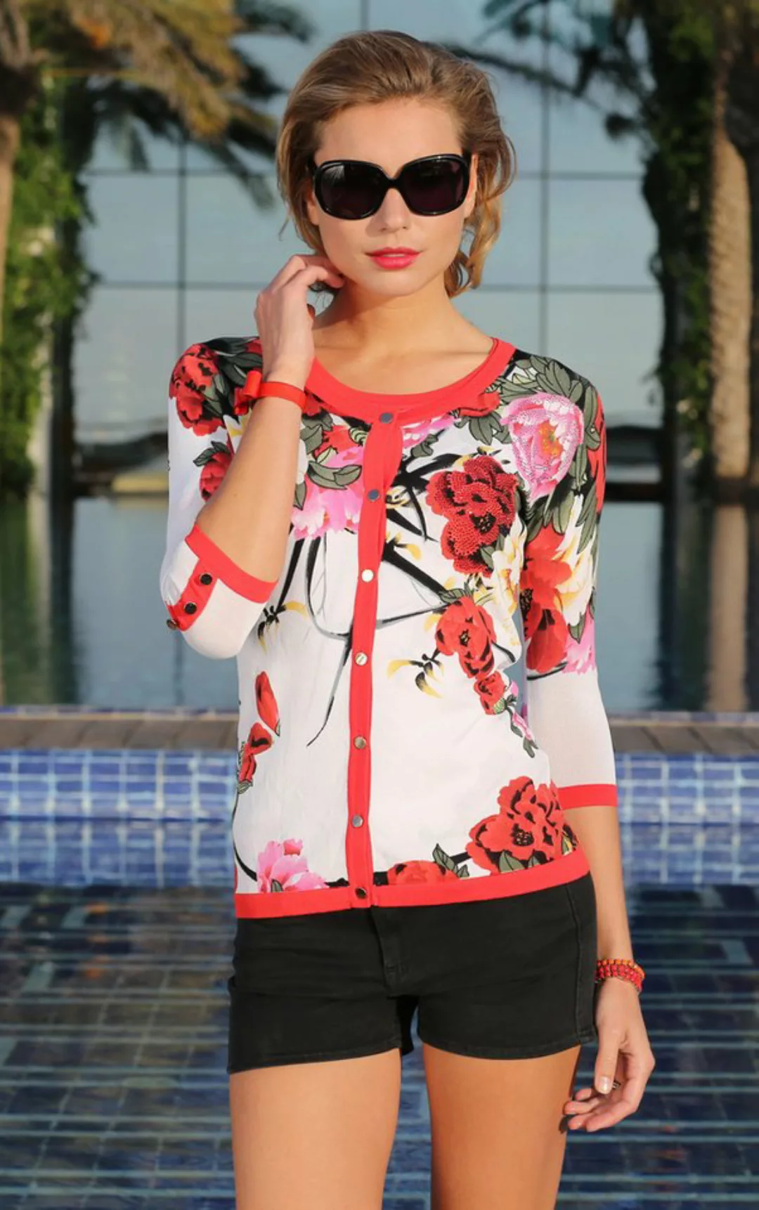 Passioni Cardigan Sommer-Twinset mit rotem und rosa Blumendruck günstig online kaufen