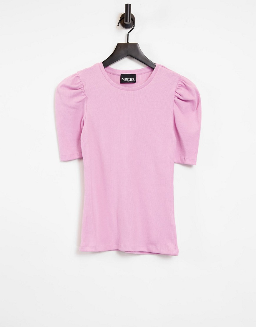 Pieces – T-Shirt in Rosa mit weiten Ärmeln-Lila günstig online kaufen
