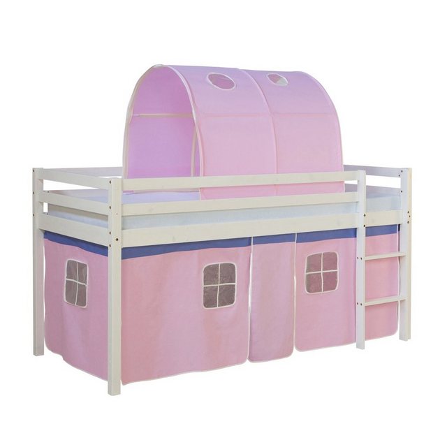 Homestyle4u Hochbett Kinderbett mit Leiter und Vorhang Weiß Rosa Holz Kiefe günstig online kaufen