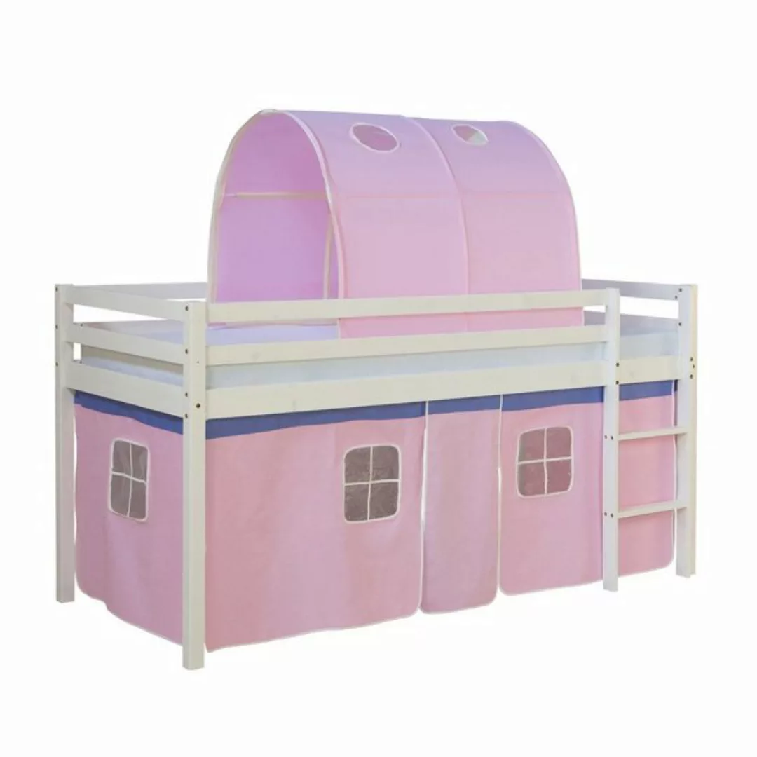 Homestyle4u Hochbett Kinderbett mit Leiter und Vorhang Weiß Rosa Holz Kiefe günstig online kaufen