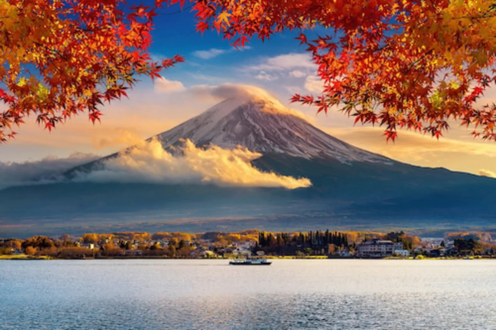 Papermoon Fototapete »FUJI BERG-JAPAN GEBIRGE WALD SEE WOLKEN SONNE VULKAN« günstig online kaufen