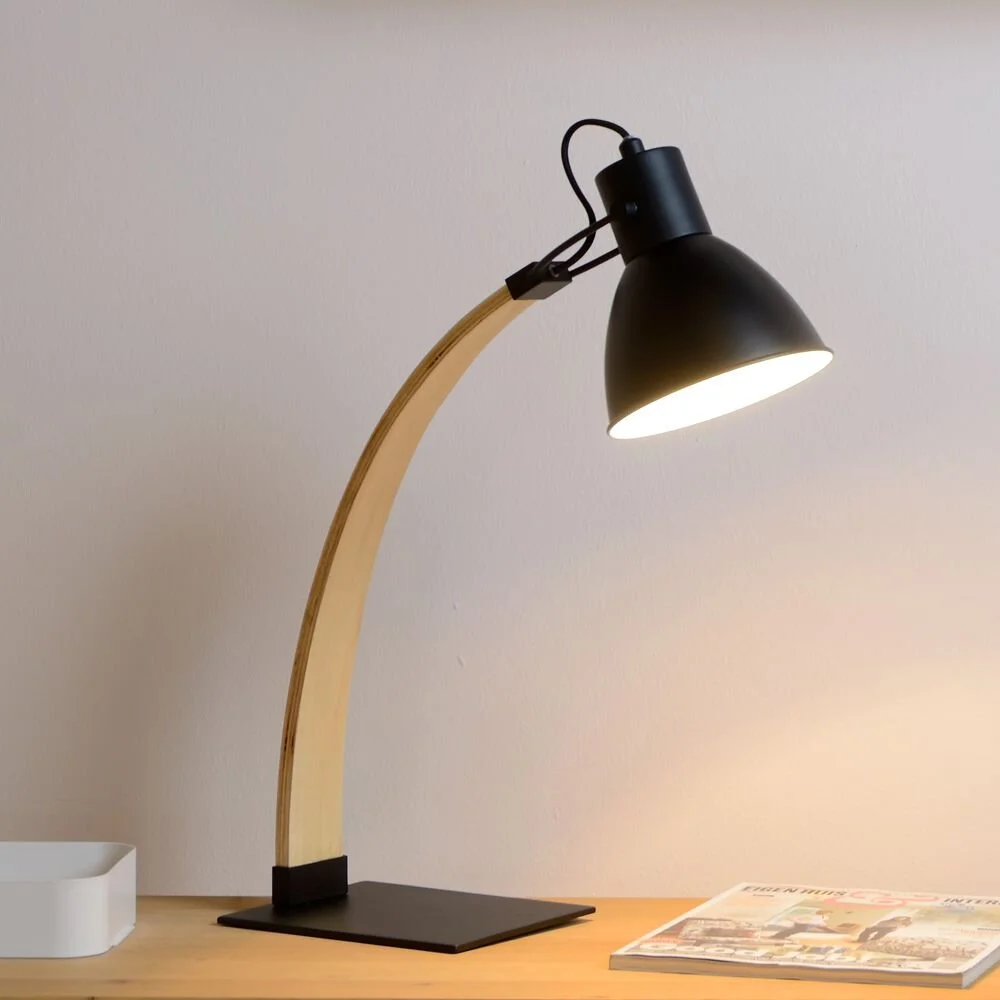 Büro-Schreibtischleuchte Curf aus Holz und Metall in natur und schwarz, E27 günstig online kaufen