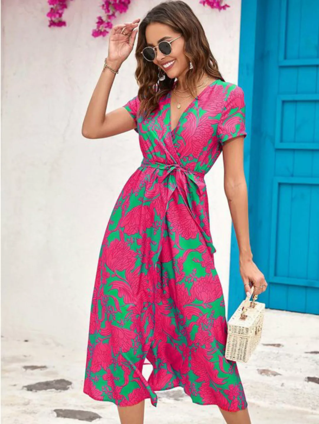 BlauWave Druckkleid Bedruckte Sommerkleider mit V-Ausschnitt (1-tlg., Für d günstig online kaufen