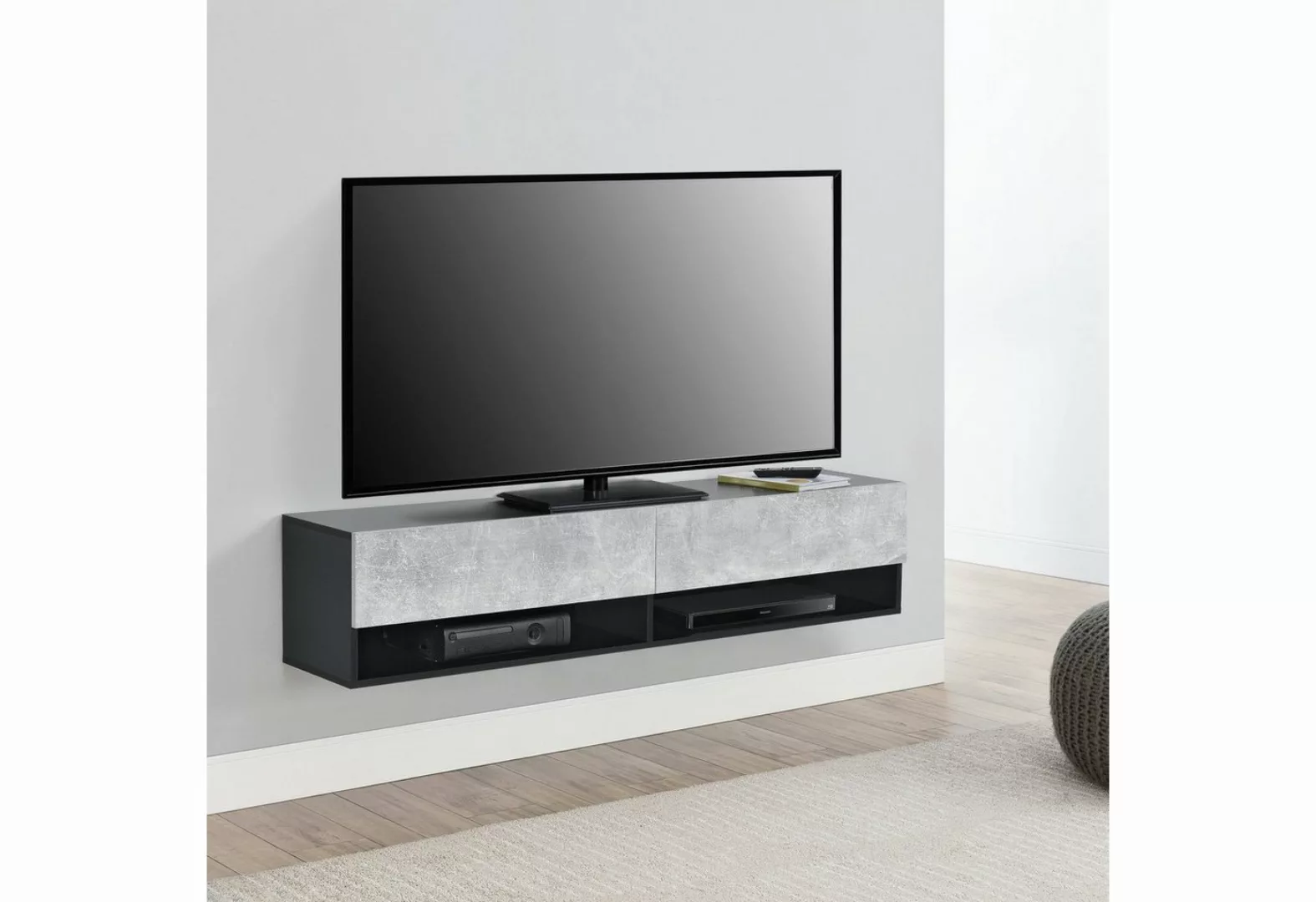en.casa Hängeschrank Halmstad TV Lowboard 140 cm zwei Ablagefächer Schwarz günstig online kaufen