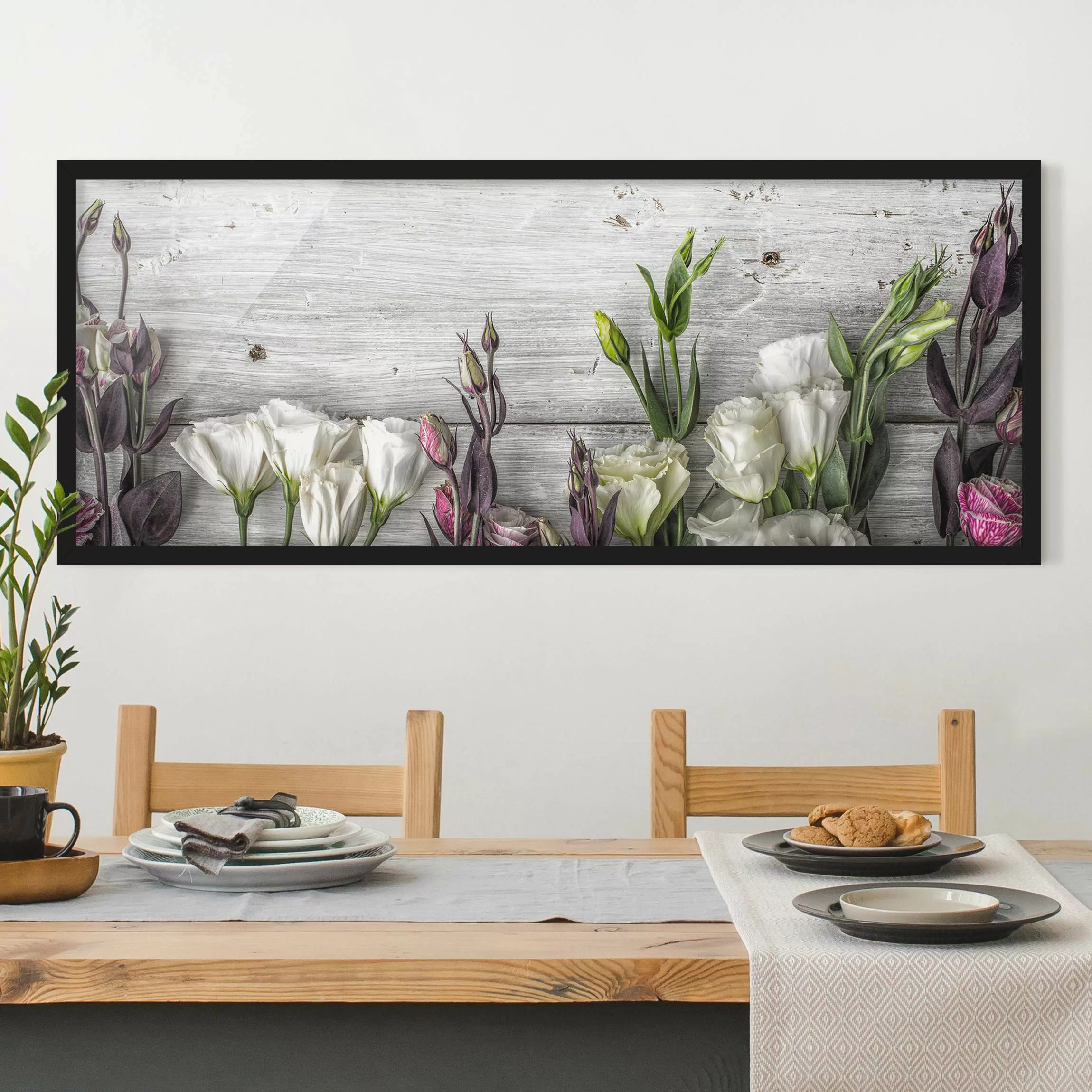 Bild mit Rahmen Blumen - Panorama Tulpen-Rose Shabby Holzoptik günstig online kaufen