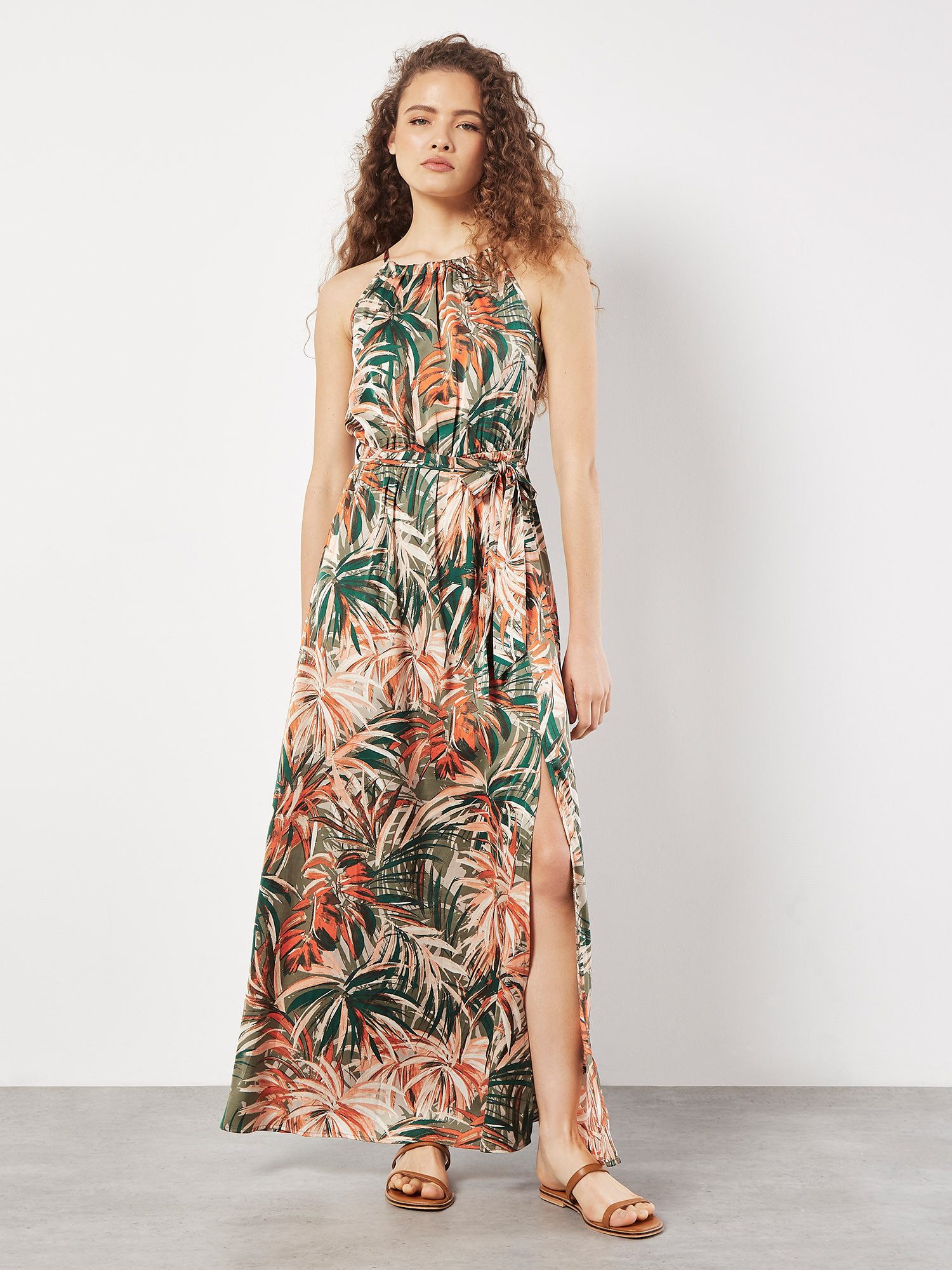 Apricot Maxikleid Tropical Leaf Satin Dress, günstig online kaufen