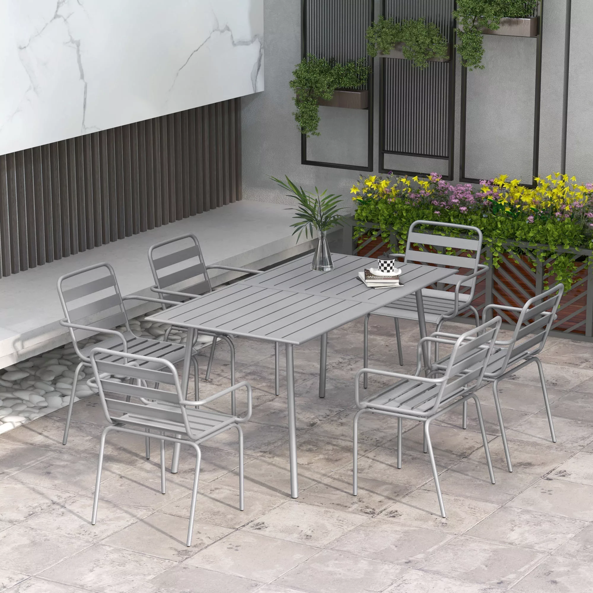 Gartenmöbel-Set Sitzgruppe Esstisch 6 stapelbare Stühle Balkon Terrasse Sta günstig online kaufen