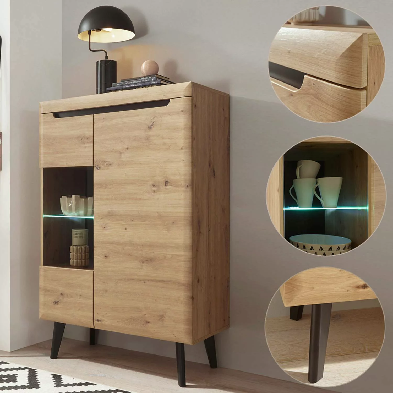 Highboard im skandinavischem Design, LED, TIROL-61 in Eiche Artisan Nachbil günstig online kaufen