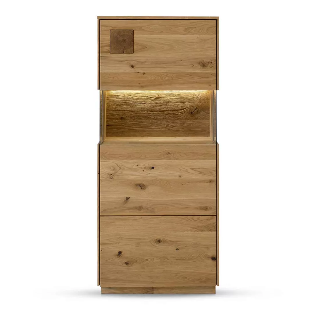 Highboard mit Glas Seiten aus Wildeiche Massivholz 145 cm hoch günstig online kaufen