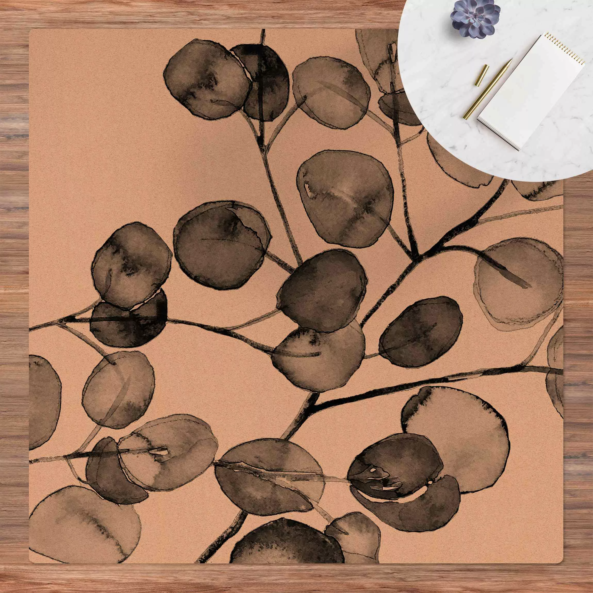 Kork-Teppich Schwarz Weiß Aquarell Eukalyptuszweig günstig online kaufen