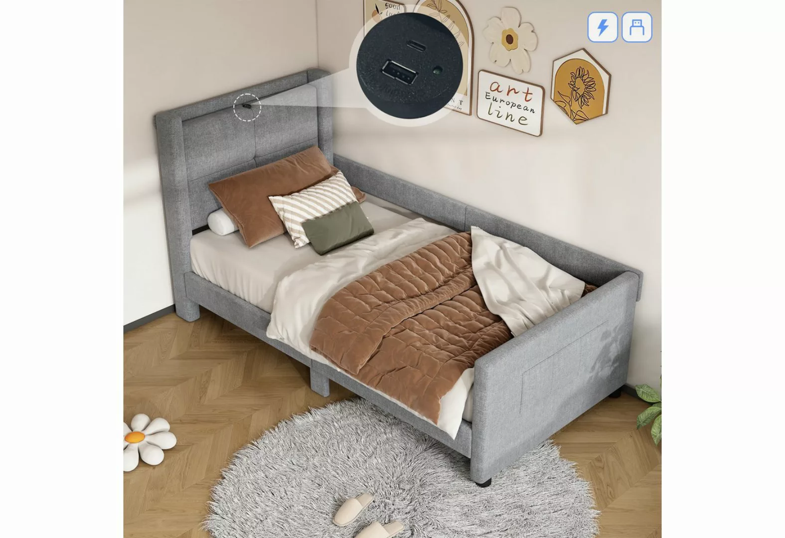 KoDise Polsterbett Bett Flachbett 90x200cm Kinderbett mit USB Anschluss (mi günstig online kaufen