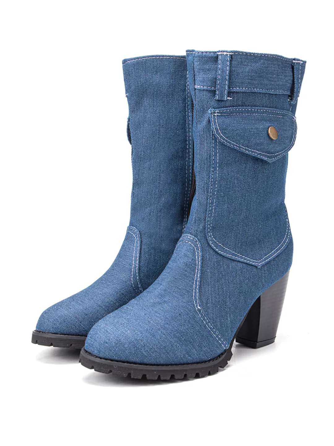 Damen Retro Denim Stoff Side Zip Bag Decor Chunky Heel Mid Calf Stiefel günstig online kaufen